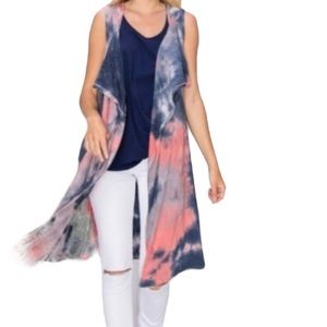 🤑 4/$24 Coin 1804 Hooded Long Duster Pink Blue Grey Tie-Dye Vest